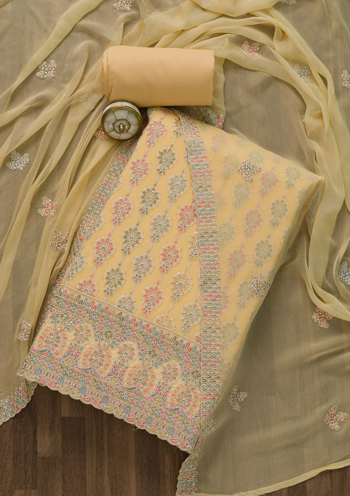 Yellow Threadwork Georgette Unstitched Salwar Suit-Koskii