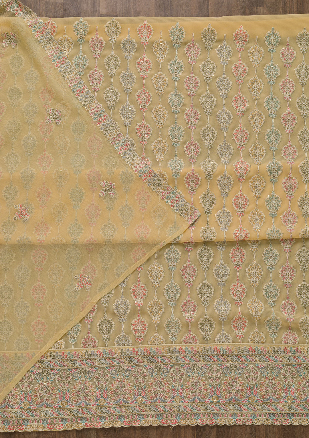 Yellow Threadwork Georgette Unstitched Salwar Suit-Koskii