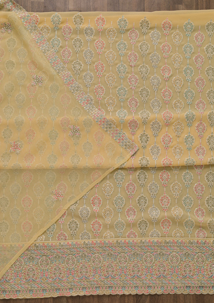 Yellow Threadwork Georgette Unstitched Salwar Suit-Koskii