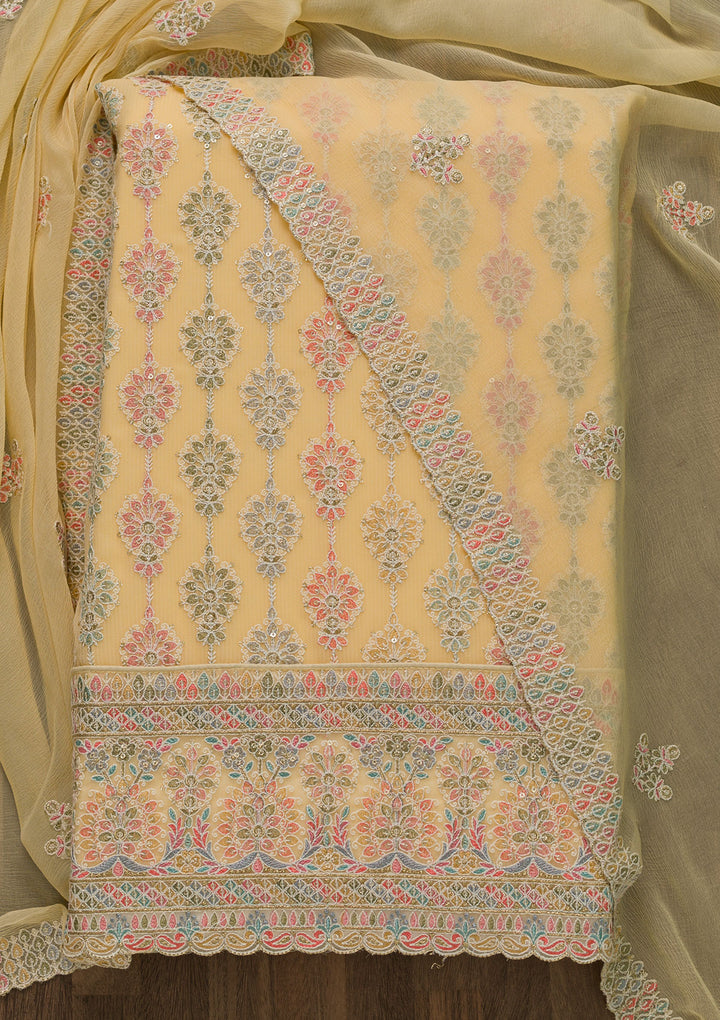 Yellow Threadwork Georgette Unstitched Salwar Suit-Koskii