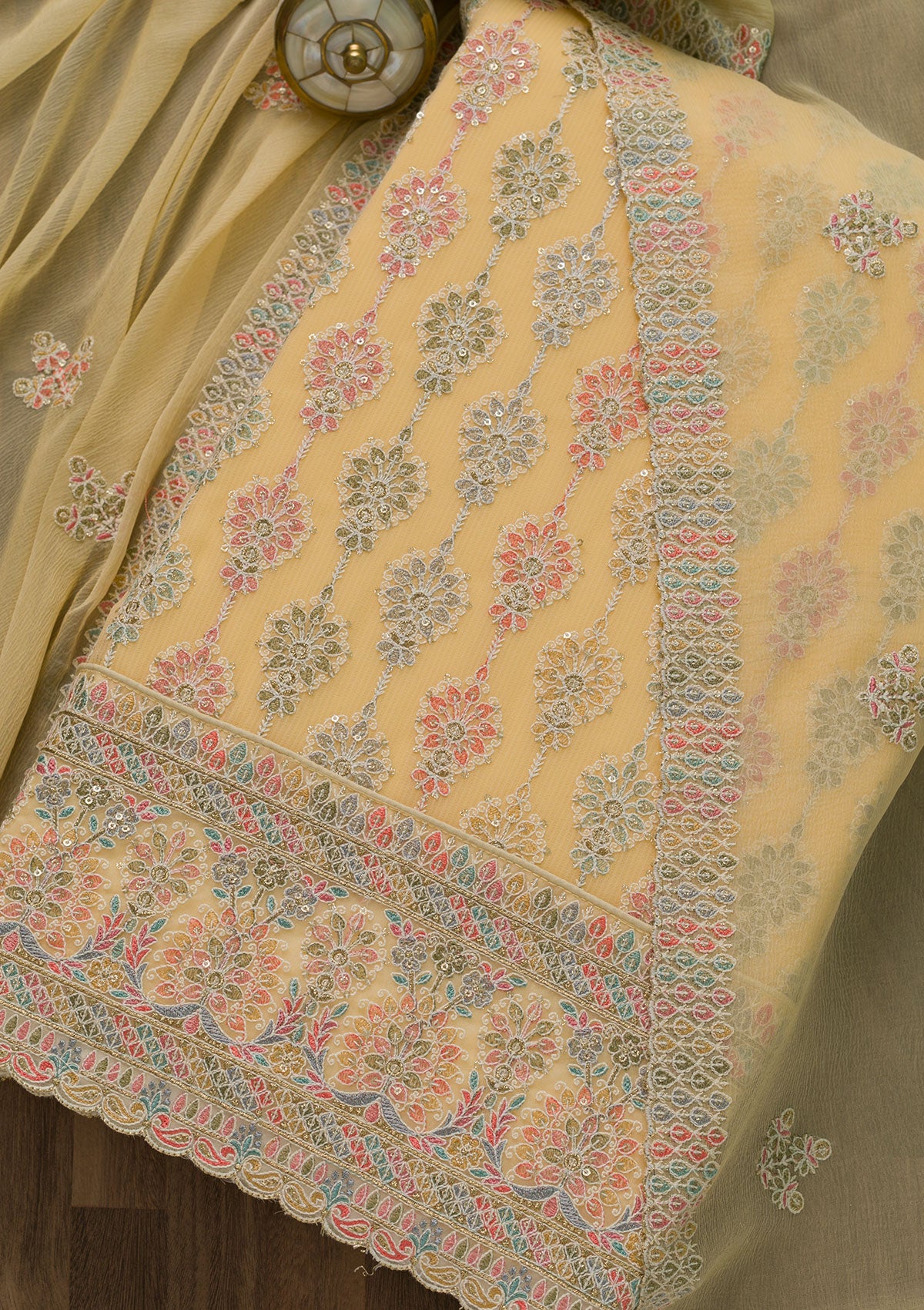 Yellow Threadwork Georgette Unstitched Salwar Suit-Koskii