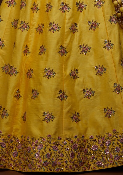 Yellow Threadwork Raw Silk Lehenga-Koskii