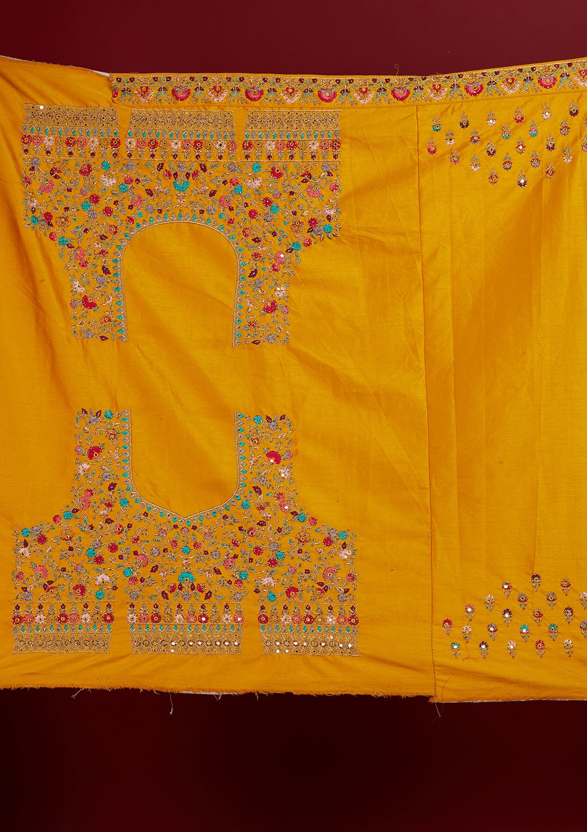 Yellow Threadwork Raw Silk Designer Semi-Stitched Lehenga - Koskii