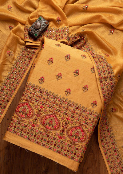 Yellow Threadwork Raw Silk Unstitched Salwar Suit - Koskii