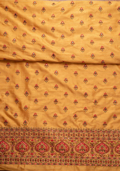 Yellow Threadwork Raw Silk Designer Unstitched Salwar Suit - koskii