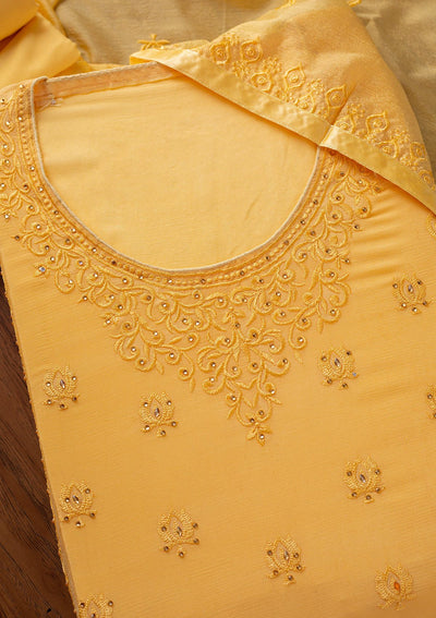 Yellow Threadwork Semi Crepe Designer Unstitched Salwar Suit - koskii