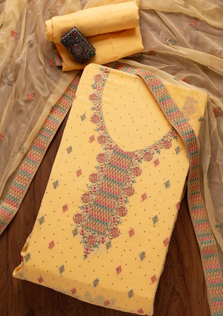 Yellow Threadwork Semi Crepe Designer Semi-Stitched Salwar Suit - koskii