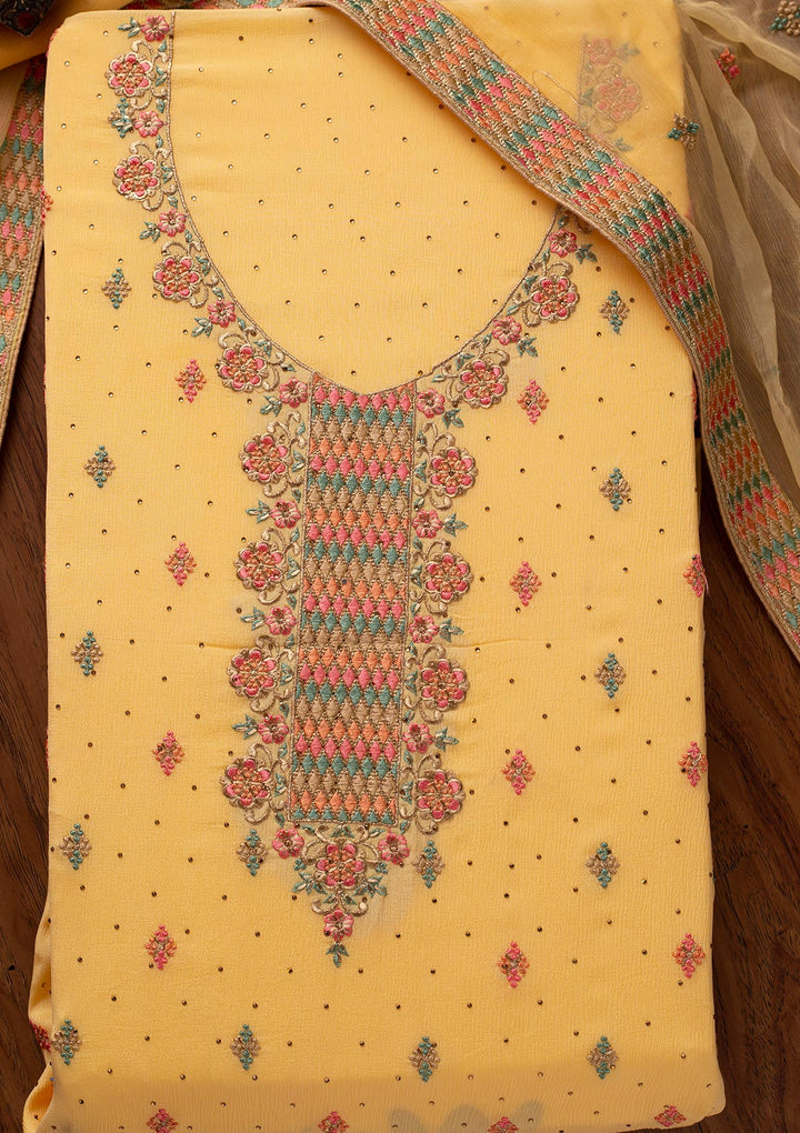 Yellow Threadwork Semi Crepe Designer Semi-Stitched Salwar Suit - koskii