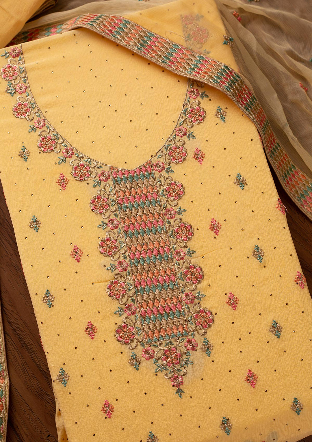Yellow Threadwork Semi Crepe Designer Semi-Stitched Salwar Suit - koskii