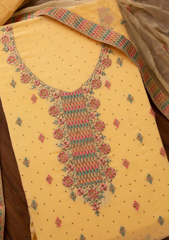 Yellow Threadwork Semi Crepe Designer Semi-Stitched Salwar Suit - koskii