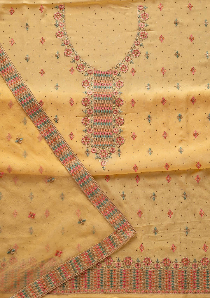 Yellow Threadwork Semi Crepe Designer Semi-Stitched Salwar Suit - koskii