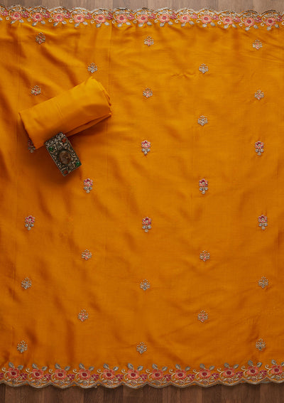 Yellow Threadwork Semi Crepe Unstitched Salwar Suit-Koskii