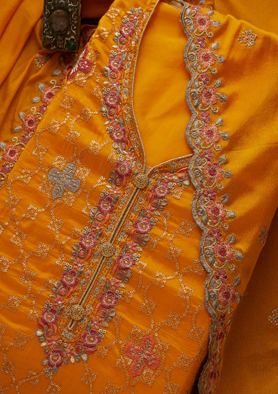 Yellow Threadwork Semi Crepe Unstitched Salwar Suit-Koskii