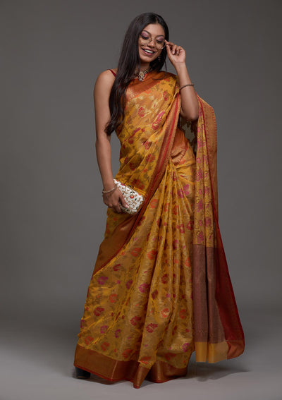 Yellow Zariwork Art Silk Saree-Koskii