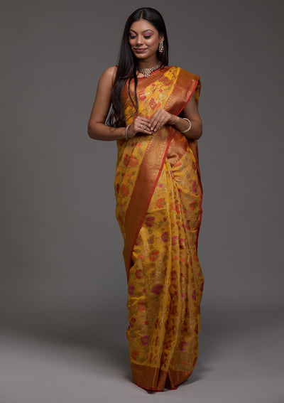 Yellow Zariwork Art Silk Saree-Koskii