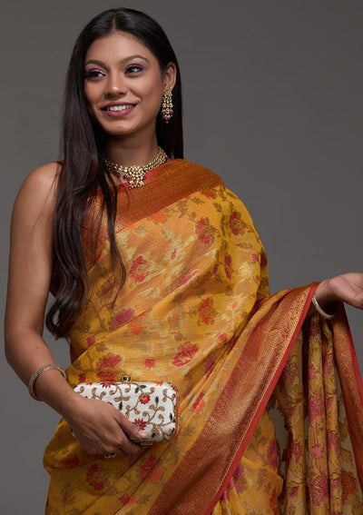 Yellow Zariwork Art Silk Saree-Koskii