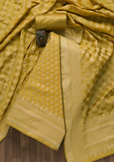 Yellow Zariwork Banarasi Unstitched Salwar Suit-Koskii