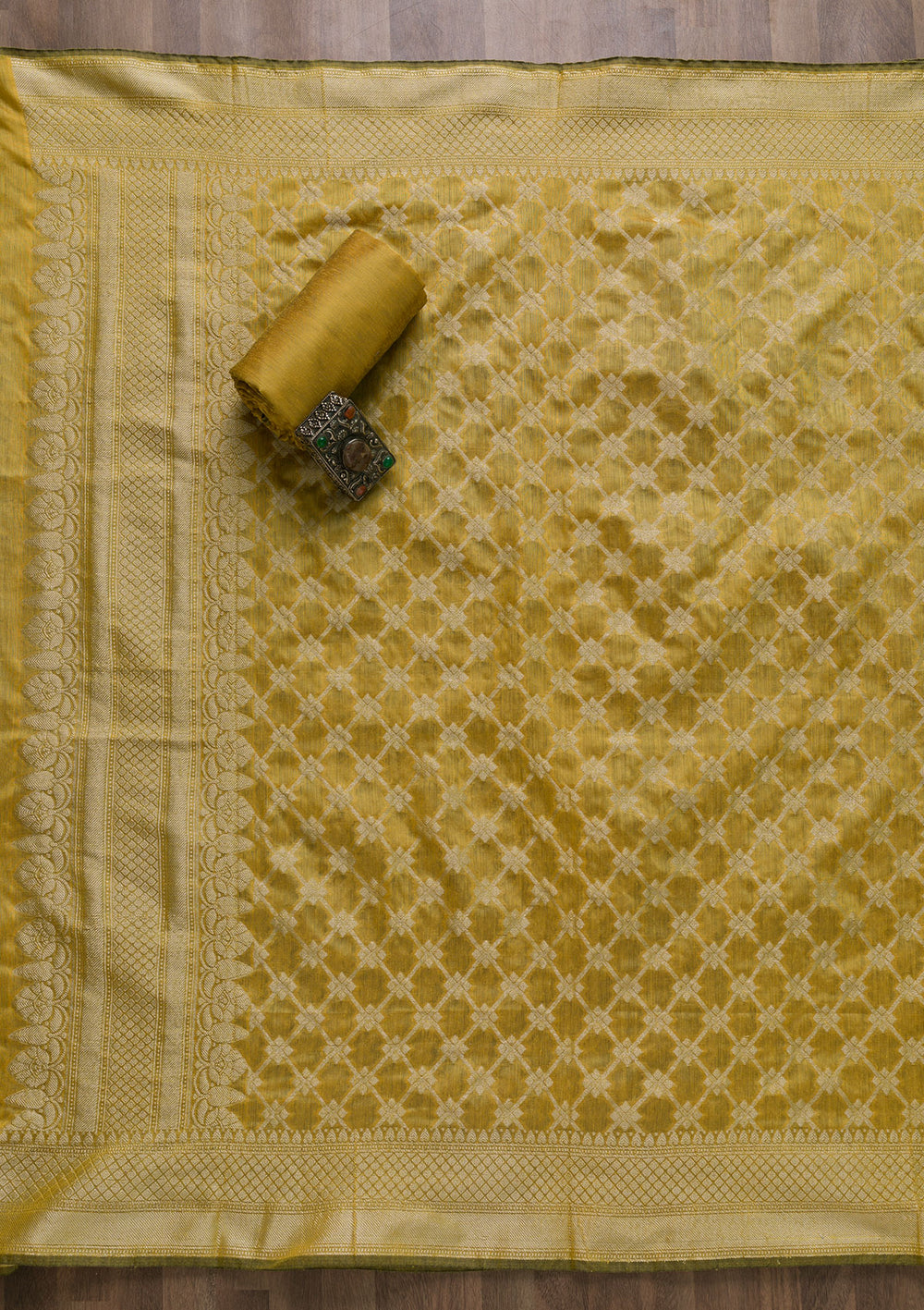 Yellow Zariwork Banarasi Unstitched Salwar Suit-Koskii