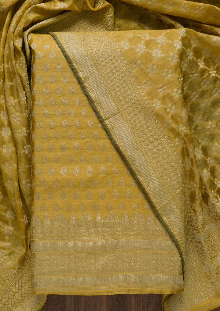 Yellow Zariwork Banarasi Unstitched Salwar Suit-Koskii