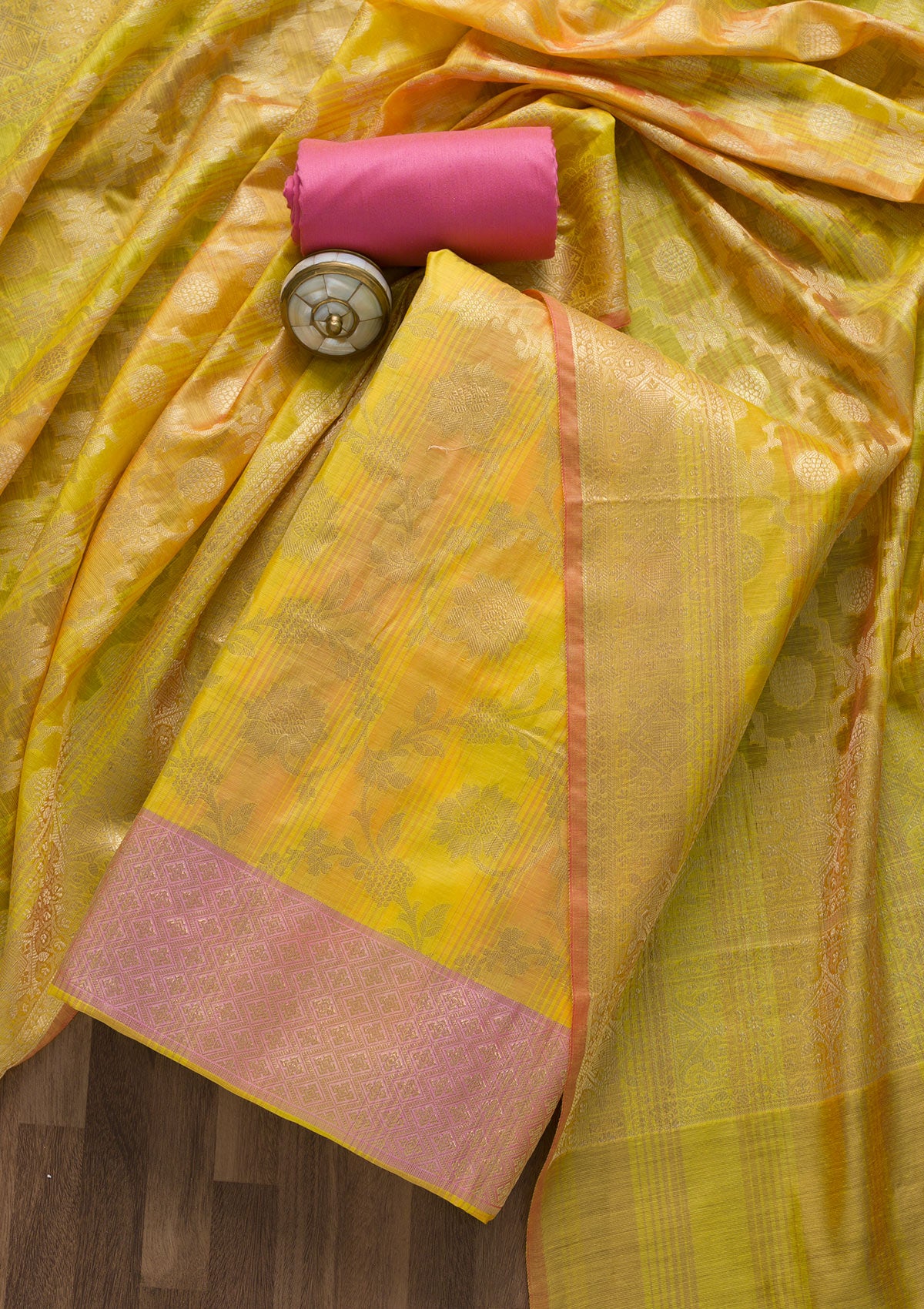 Yellow Zariwork Banarasi Unstitched Salwar Suit-Koskii