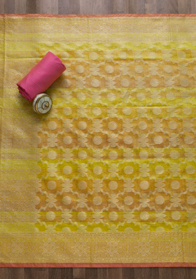 Yellow Zariwork Banarasi Unstitched Salwar Suit-Koskii