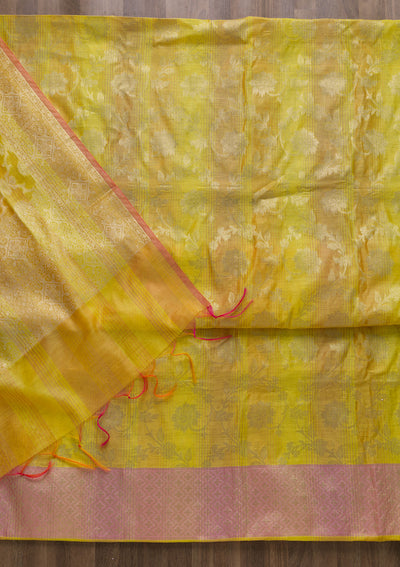 Yellow Zariwork Banarasi Unstitched Salwar Suit-Koskii