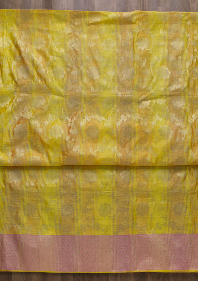 Yellow Zariwork Banarasi Unstitched Salwar Suit-Koskii