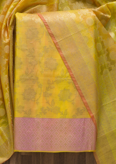 Yellow Zariwork Banarasi Unstitched Salwar Suit-Koskii