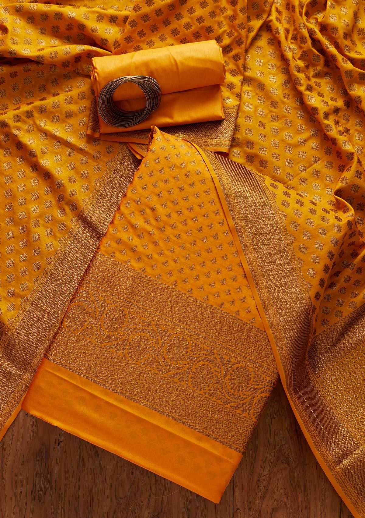 Yellow Zariwork Banarasi Designer Unstitched Salwar Suit - koskii