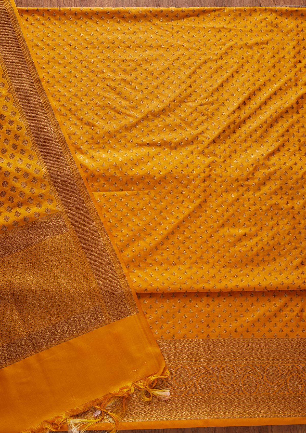 Yellow Zariwork Banarasi Designer Unstitched Salwar Suit - koskii