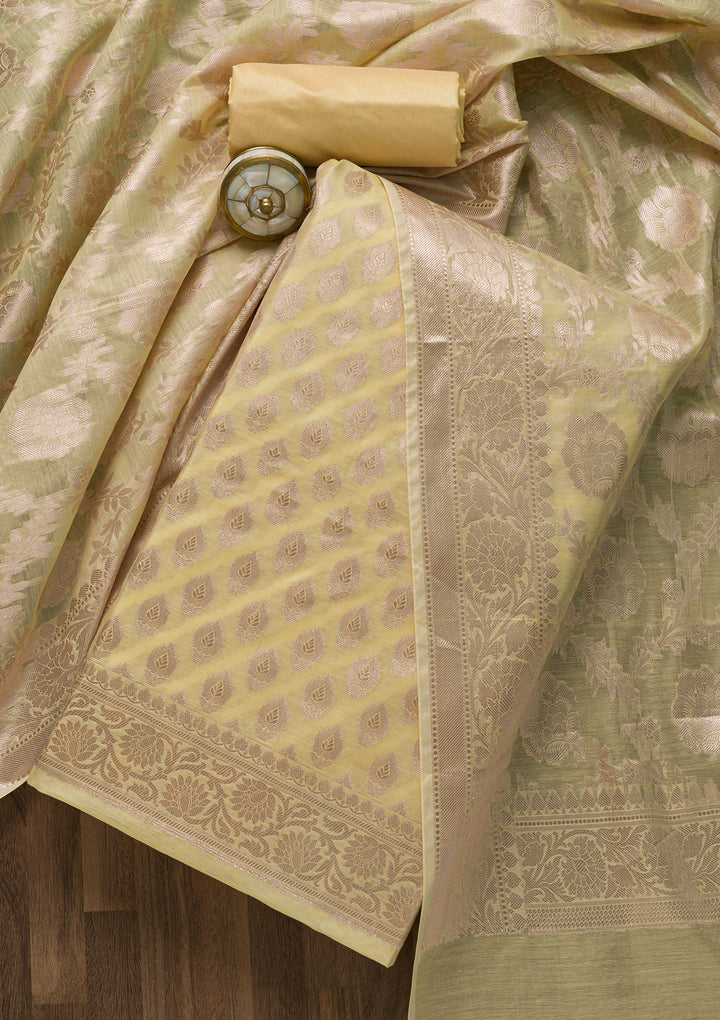 Yellow Zariwork Banarasi Unstitched Salwar Suit-Koskii