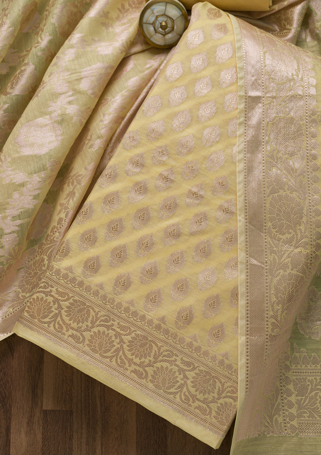 Yellow Zariwork Banarasi Unstitched Salwar Suit-Koskii