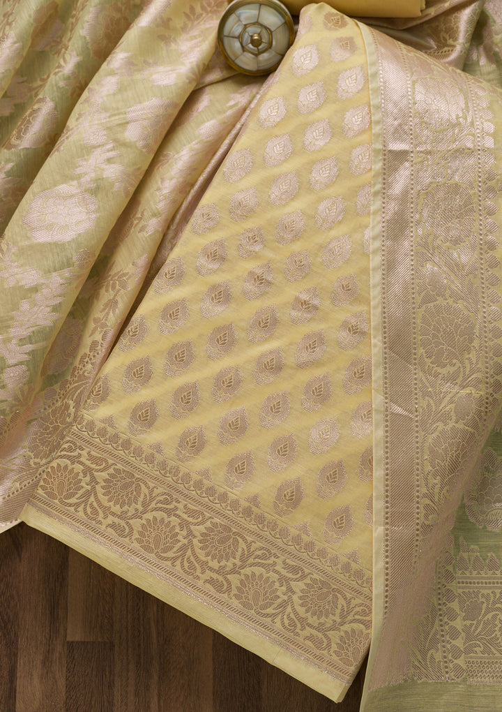 Yellow Zariwork Banarasi Unstitched Salwar Suit-Koskii