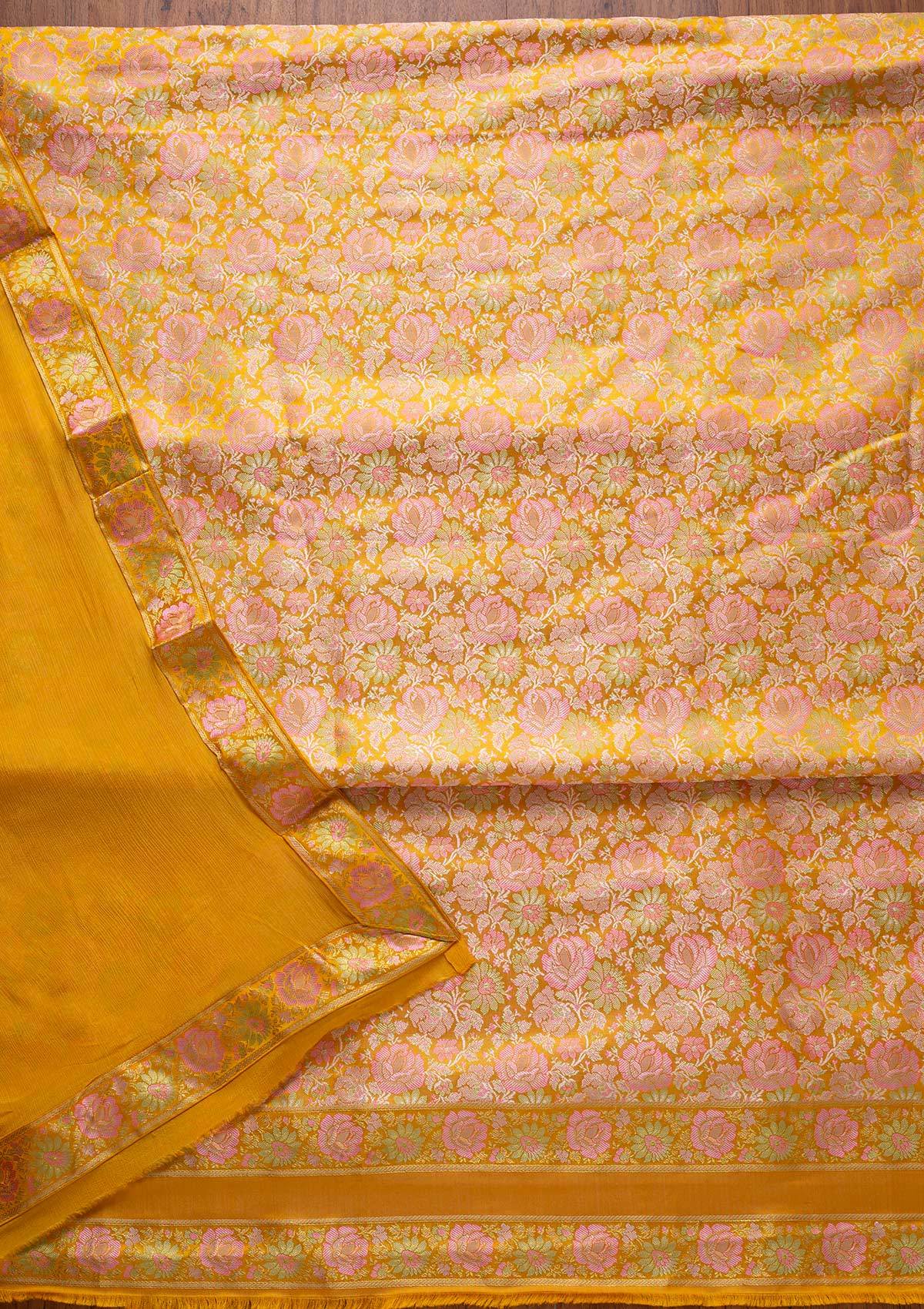 Yellow Zariwork Brocade Designer Unstitched Salwar Suit - koskii