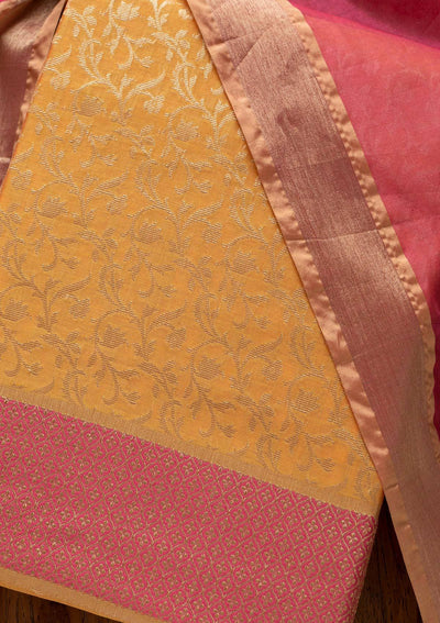 Yellow Zariwork Brocade Designer Unstitched Salwar Suit - Koskii