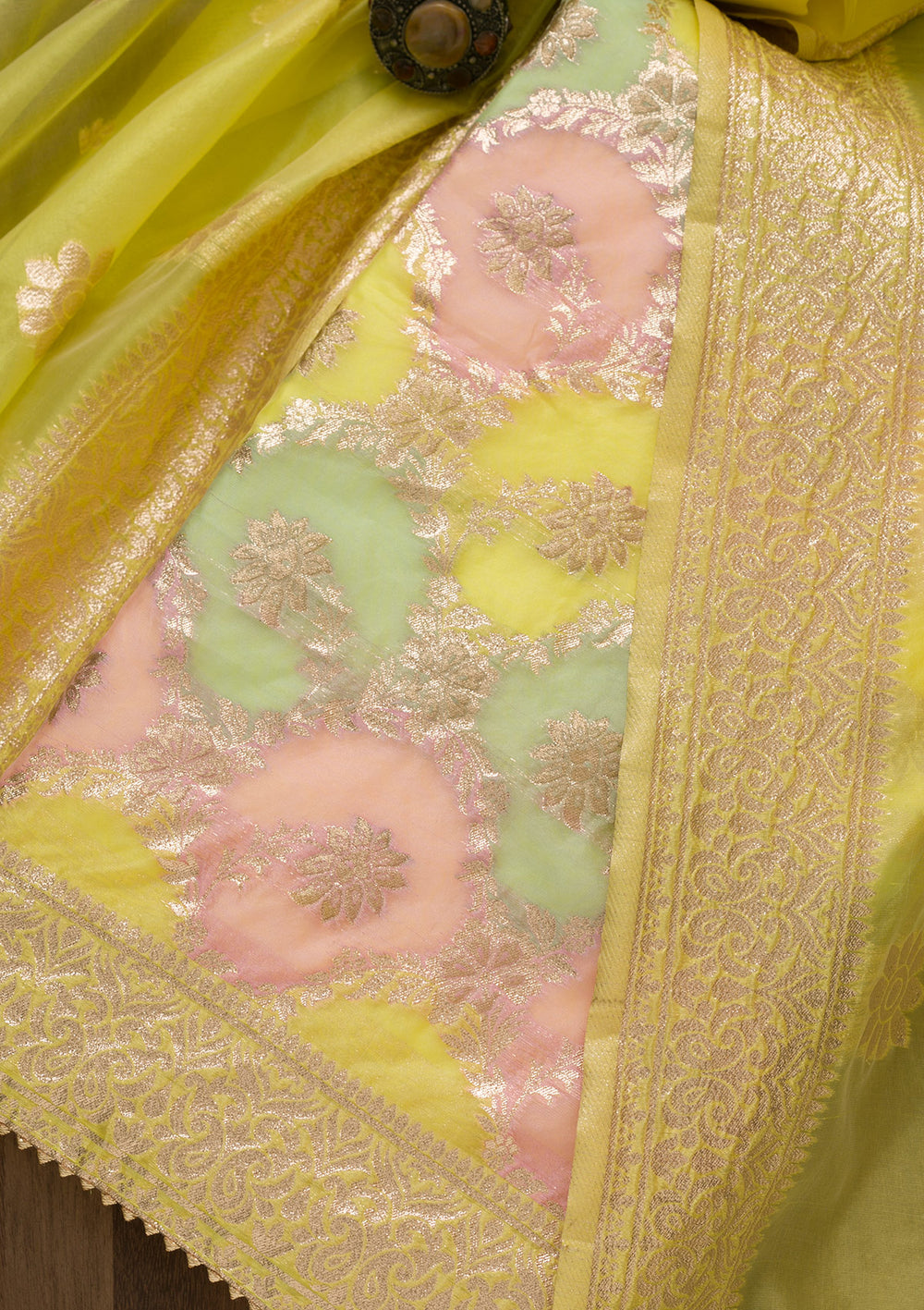 Yellow Zariwork Banarasi Silk Unstitched Salwar Suit-Koskii