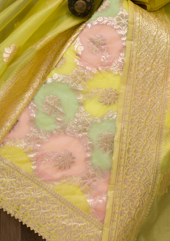 Yellow Zariwork Banarasi Silk Unstitched Salwar Suit-Koskii