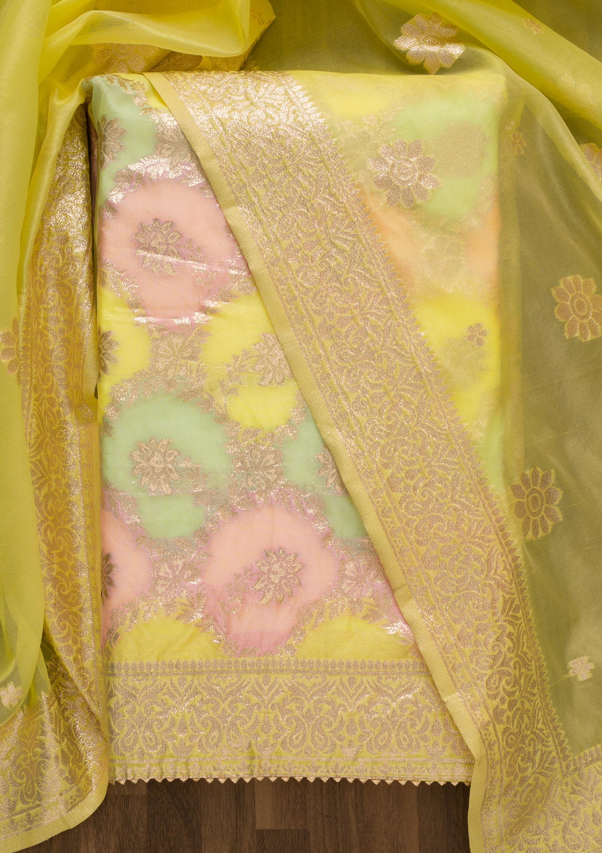 Yellow Zariwork Banarasi Silk Unstitched Salwar Suit-Koskii