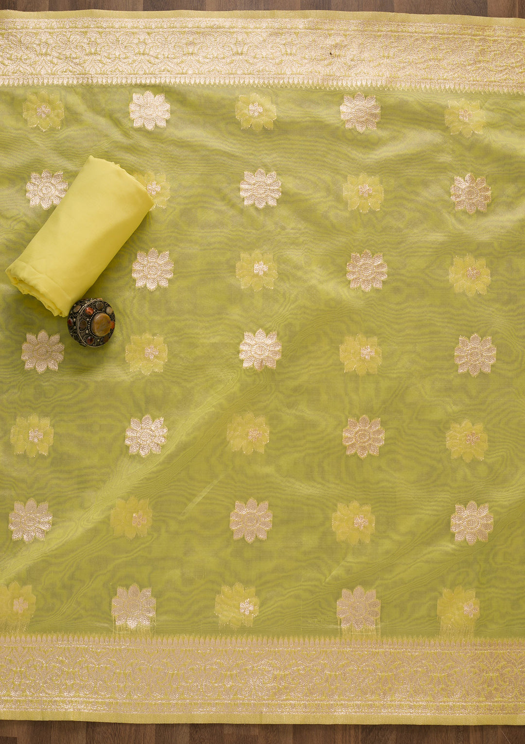 Yellow Zariwork Banarasi Silk Unstitched Salwar Suit-Koskii
