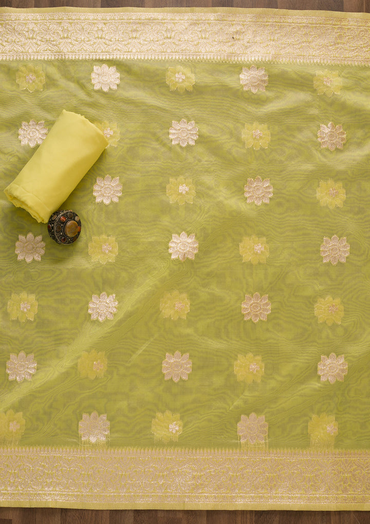 Yellow Zariwork Banarasi Silk Unstitched Salwar Suit-Koskii
