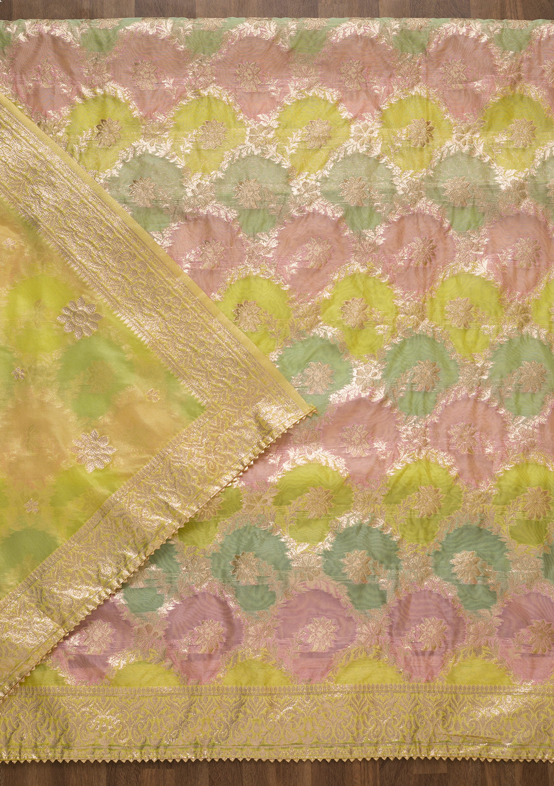 Yellow Zariwork Banarasi Silk Unstitched Salwar Suit-Koskii