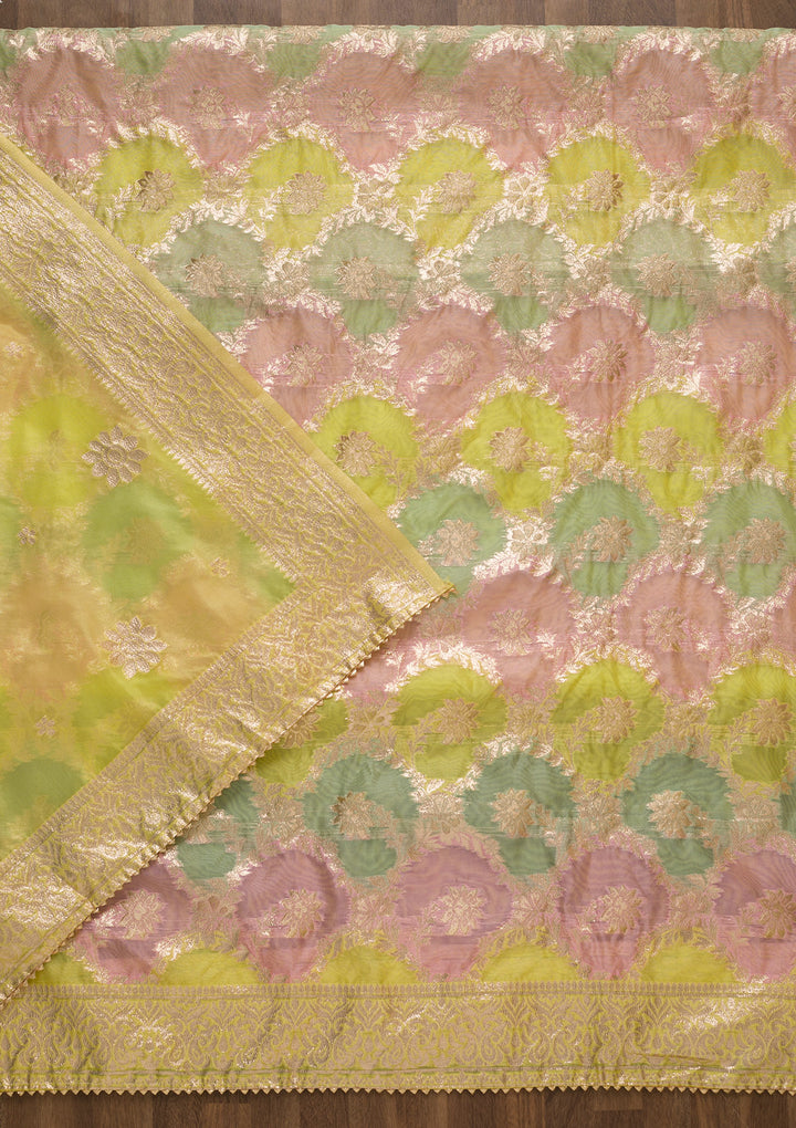 Yellow Zariwork Banarasi Silk Unstitched Salwar Suit-Koskii
