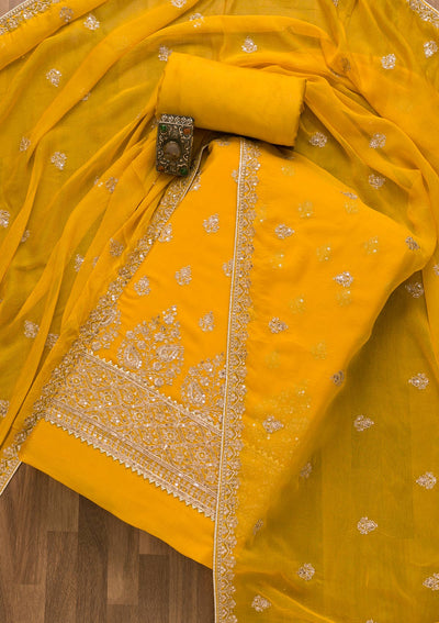 Yellow Zariwork Chiffon Unstitched Salwar Suit-Koskii