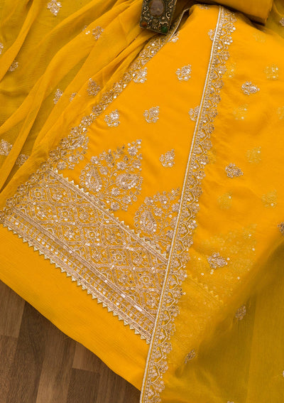 Yellow Zariwork Chiffon Unstitched Salwar Suit-Koskii