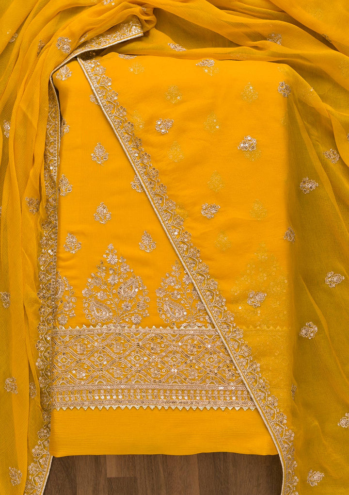 Yellow Zariwork Chiffon Unstitched Salwar Suit-Koskii