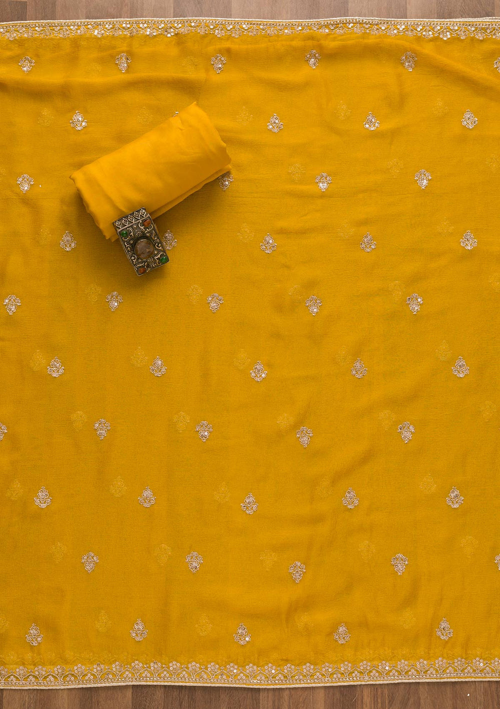 Yellow Zariwork Chiffon Unstitched Salwar Suit-Koskii