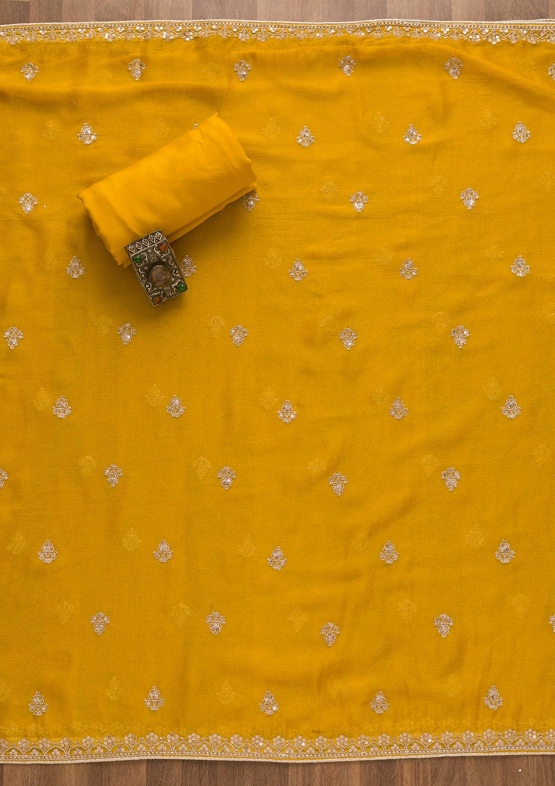 Yellow Zariwork Chiffon Unstitched Salwar Suit-Koskii