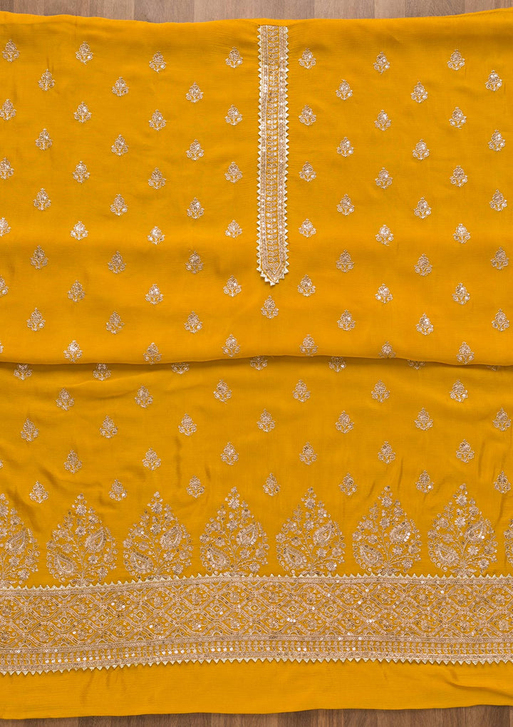 Yellow Zariwork Chiffon Unstitched Salwar Suit-Koskii