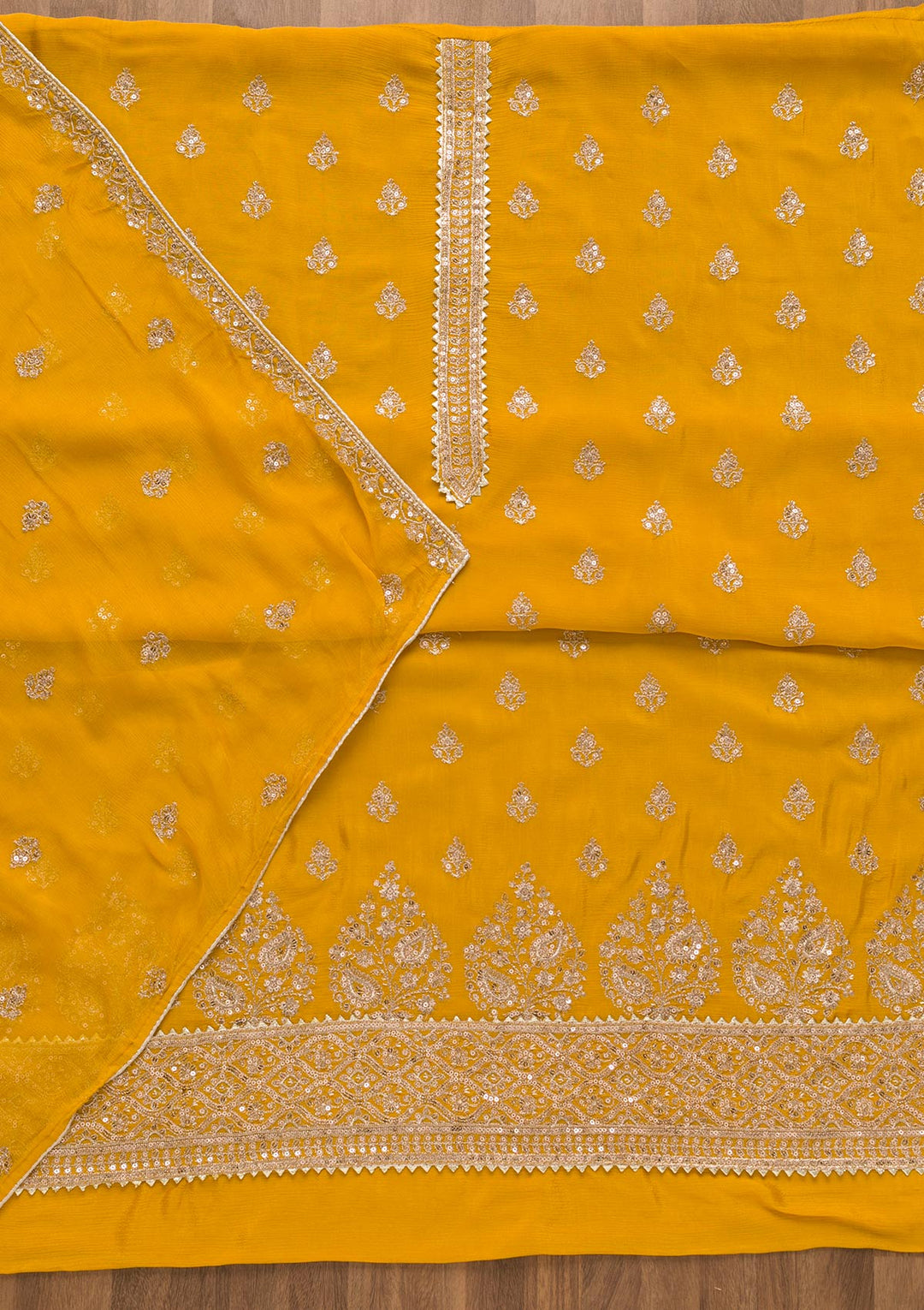 Yellow Zariwork Chiffon Unstitched Salwar Suit-Koskii
