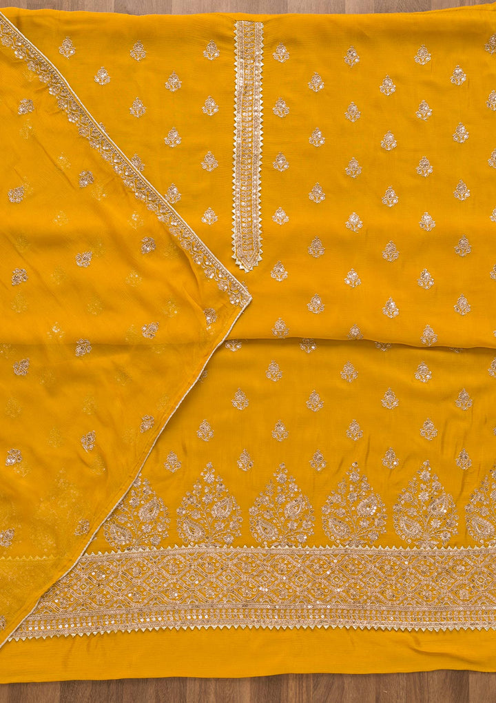Yellow Zariwork Chiffon Unstitched Salwar Suit-Koskii